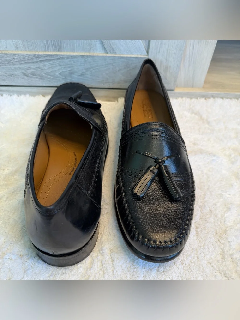 Brass Boot Loafers Black Leather Tassel Moc Round Toe Shoes Size 11.5